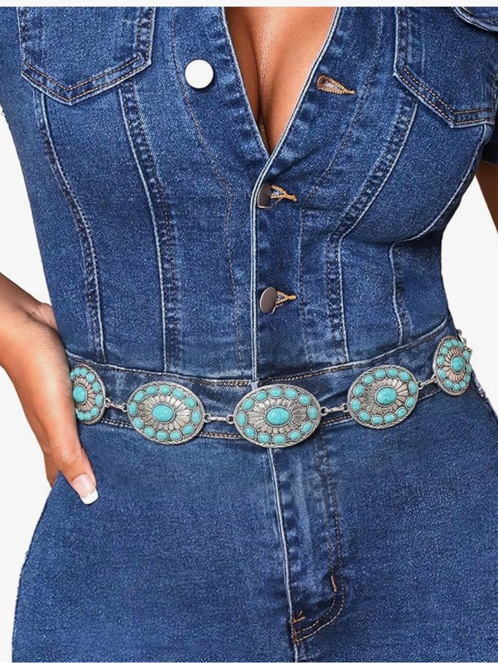 Western Metal Concho Turquoise Belt for Women,Cowgirl Silver Waist Chain Belt - Picture 7 of 7